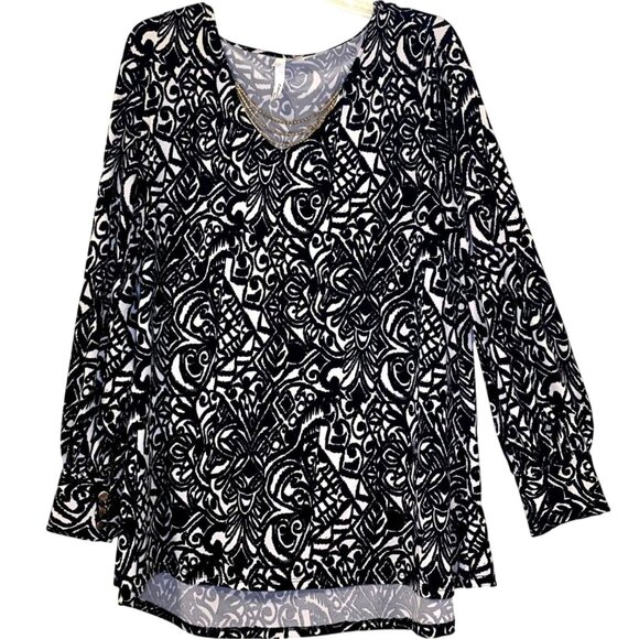 NY Collection Shirt Womens 1X Black White V-Neck Chain Trim Tunic High Low Plus - Picture 1 of 10